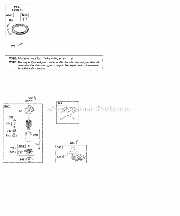 Alternator Electric Starter Ignition Diagram and Parts List for 21B707-0453-E1  Briggs and Stratton Engine